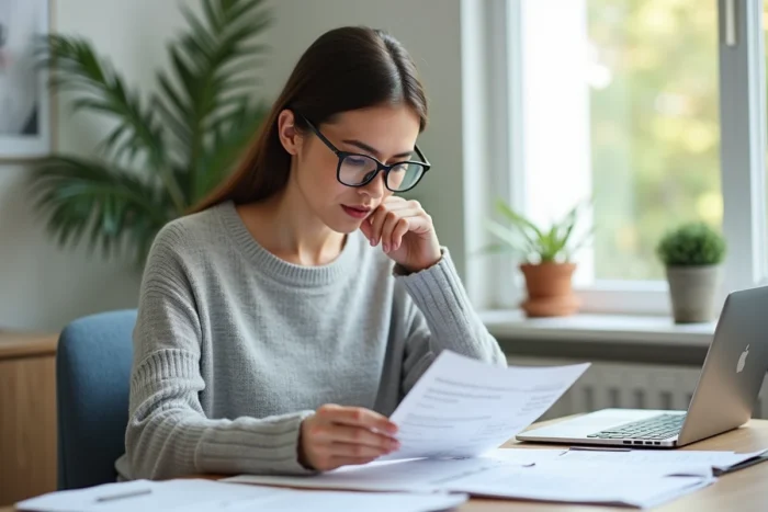 Femme examinant ses lunettes Zeiss et ses documents de remboursement mutuelle à son bureau à domicile