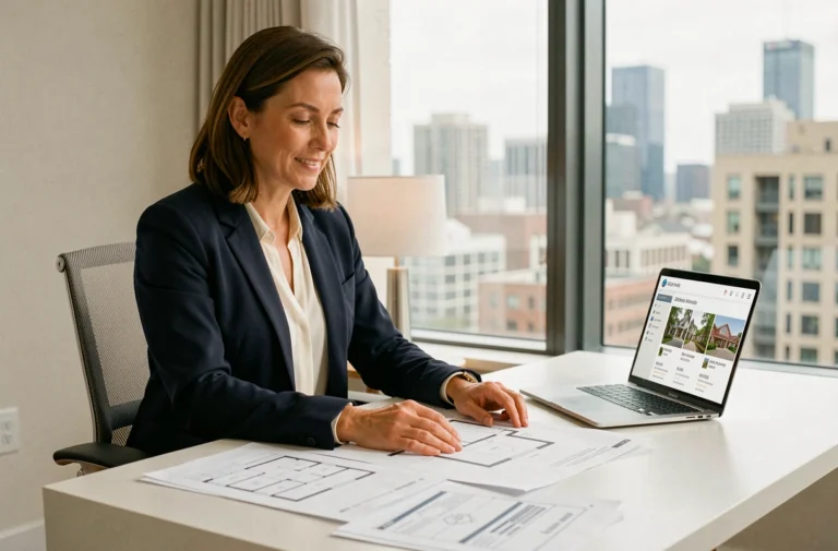 Femme professionnelle analysant des plans immobiliers dans un bureau moderne avec vue sur la ville