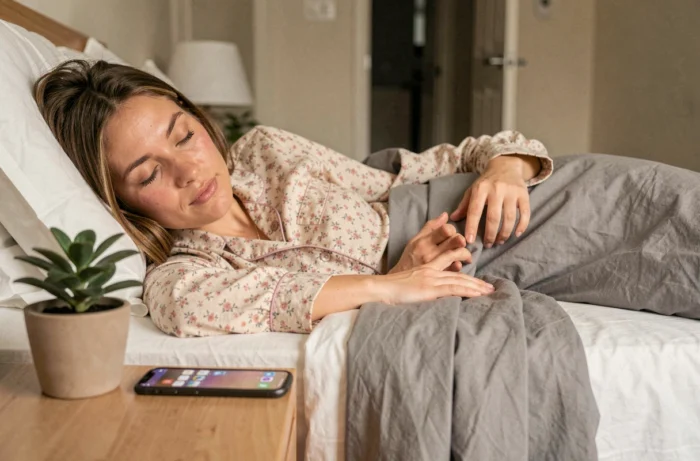 Femme en pyjama posant son smartphone sur la table de nuit avant de s'endormir, illustrant les bonnes pratiques numériques pour améliorer le sommeil