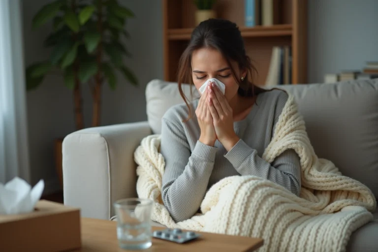 Femme fatiguée enveloppée dans une couverture avec des mouchoirs et des médicaments sur la table, symptômes d'infection virale