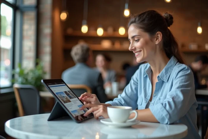 Femme parcourant le site Miss Marion sur une tablette dans un café parisien moderne