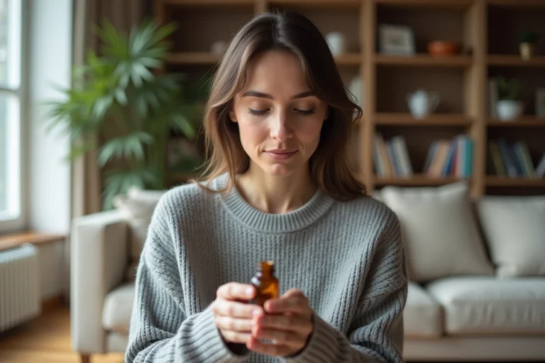 Femme tenant un flacon de médicament antidépresseur près d'une fenêtre, illustrant le traitement de la dépression avec Nanomood Forte