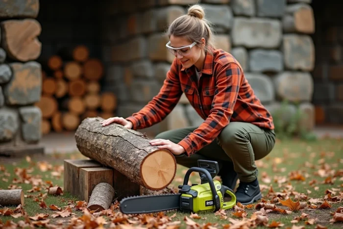 Femme inspectant une bûche coupée avec une tronçonneuse Ryobi sans fil dans un jardin rural en automne
