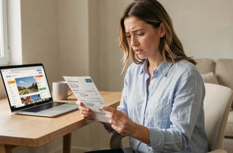Femme vérifiant un billet d'avion easyJet avec prénom manquant sur son bureau à domicile