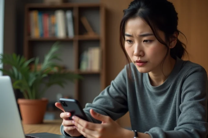 Femme vérifiant les visiteurs de son profil Facebook sur son smartphone dans un bureau à domicile