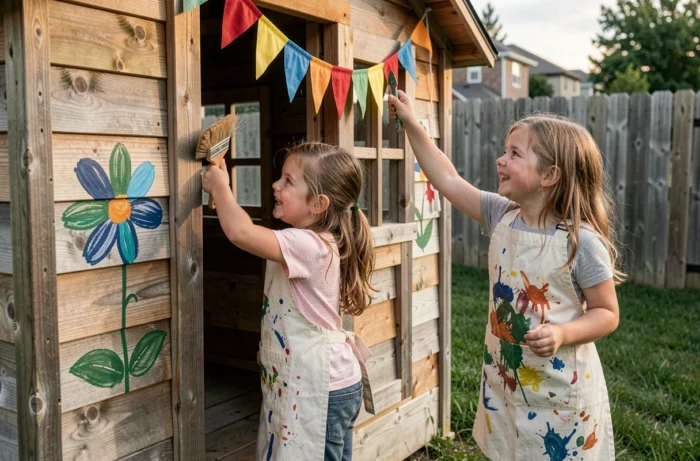 Deux fillettes décorant l'extérieur d'une maisonnette en bois avec de la peinture et des guirlandes de tissu colorées