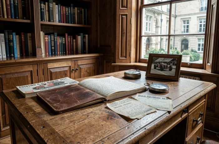 Bureau en bois ancien recouvert de souvenirs automobiles vintage, livres et documents historiques dans un bureau privé élégant