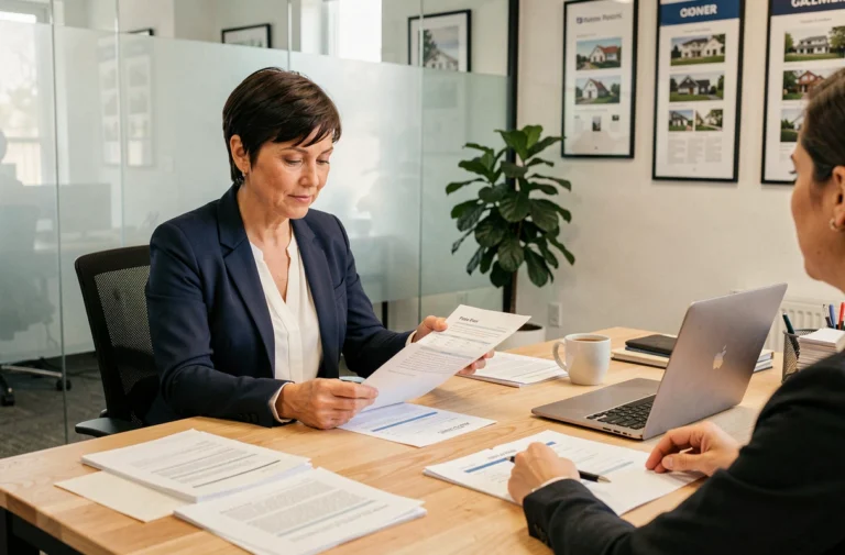 Agent immobilière IAD présentant un comparatif de frais d'agence à un client dans un bureau moderne en 2026