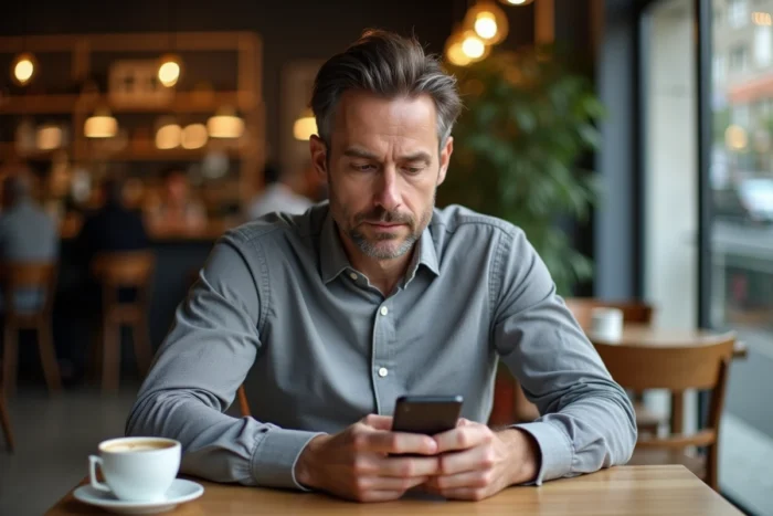 Homme consultant son application bancaire mobile dans un café en ville pour gérer ses comptes en ligne