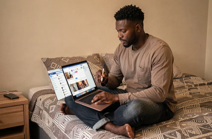 Jeune homme africain gérant des pages de réseaux sociaux depuis son domicile sur un ordinateur portable