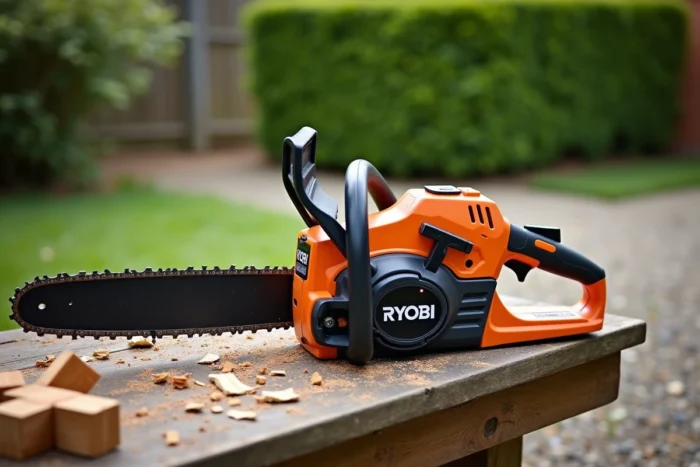 Gros plan de la tronçonneuse Ryobi 18V OCS1830 posée sur un établi en bois avec des copeaux de bois autour