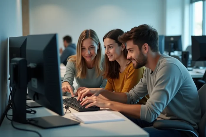 Groupe d'étudiants collaborant sur l'ENT UTC dans une salle informatique universitaire