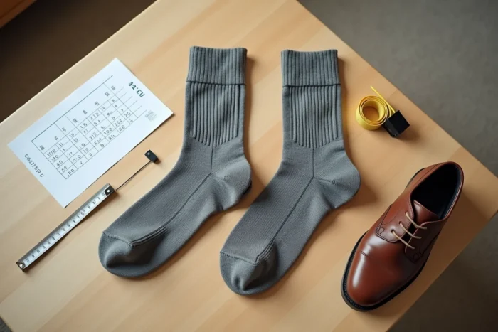 Vue de dessus d'une paire de chaussettes taille 42 avec un mètre ruban et un guide des tailles pour chaussures