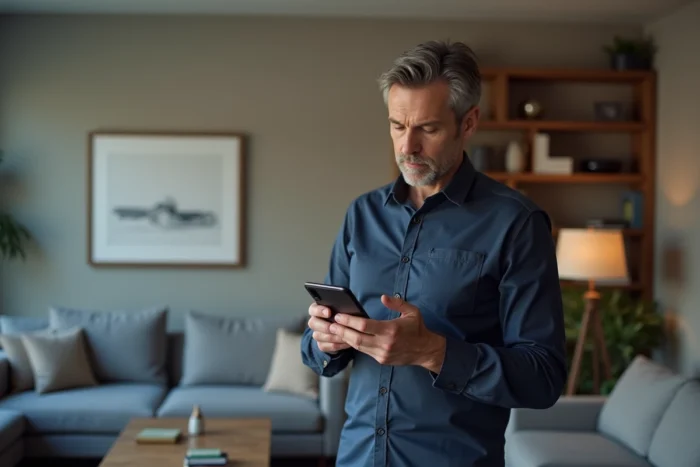 Homme vérifiant son assurance Cdiscount sur smartphone dans son salon