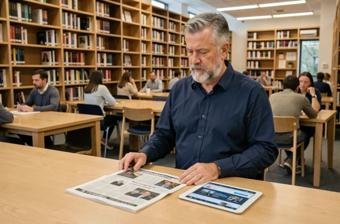 Homme comparant un journal imprimé et une source numérique dans une bibliothèque pour vérifier l'information