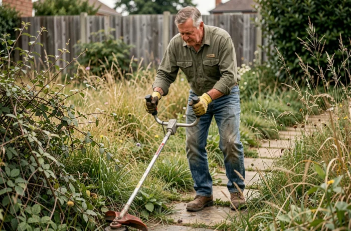 Homme utilisant une débroussailleuse thermique pour entretenir les bords d'un chemin de jardin envahi par les mauvaises herbes