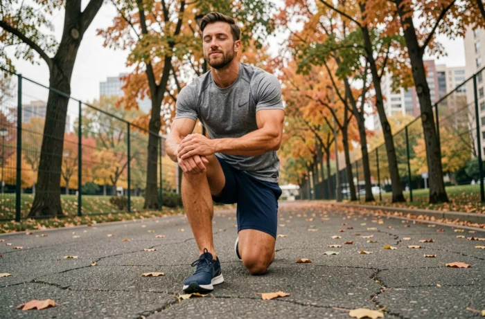 Homme athlétique s'étirant sur une piste de course urbaine en automne, représentant l'importance de la récupération et des étirements dans une routine fitness quotidienne