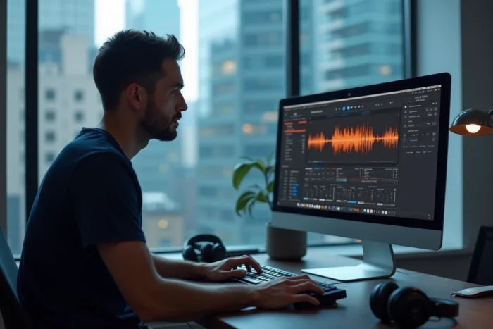 Homme extrayant de l'audio MP3 depuis YouTube avec un outil de conversion gratuit sur ordinateur de bureau