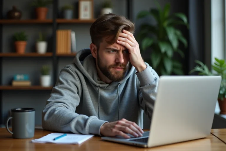 Homme frustré devant un message d'erreur de connexion sur son ordinateur portable à son bureau à domicile