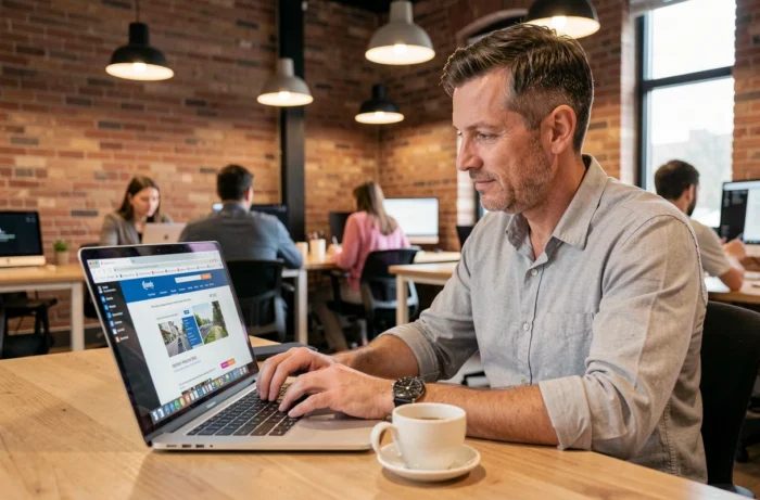 Homme naviguant entre plusieurs pages d'un site web dans un espace de coworking moderne