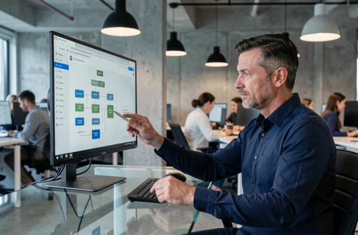 Homme naviguant sur un plan de site web affiché sur un grand écran dans un bureau moderne en open space