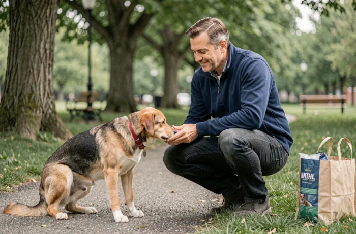 Homme promenant son chien adopté en laisse rouge dans un parc urbain, premier jour après l'adoption