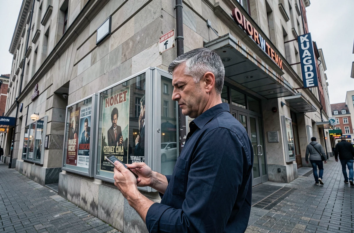 Homme consultant une nouvelle adresse de cinéma sur son smartphone devant une façade de salle de film en ville