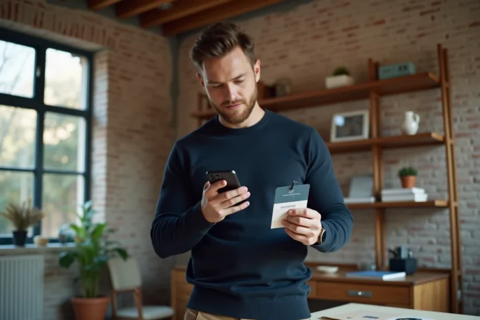 Homme comparant des nuanciers de peinture avec une application de décoration sur smartphone dans un bureau à domicile