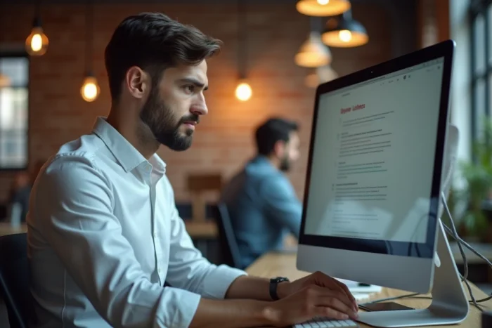 Homme consultant des offres d'emploi en ligne dans un espace de coworking moderne et dynamique