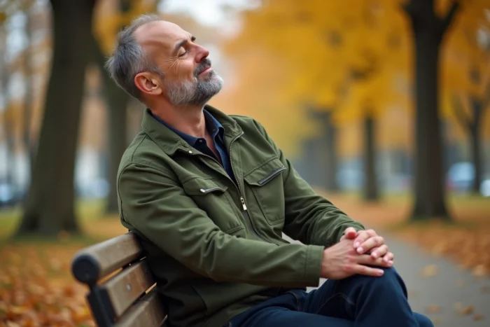 Homme assis dans un parc en automne avec une expression apaisée, symbolisant la récupération et les effets positifs d'un traitement contre la dépression