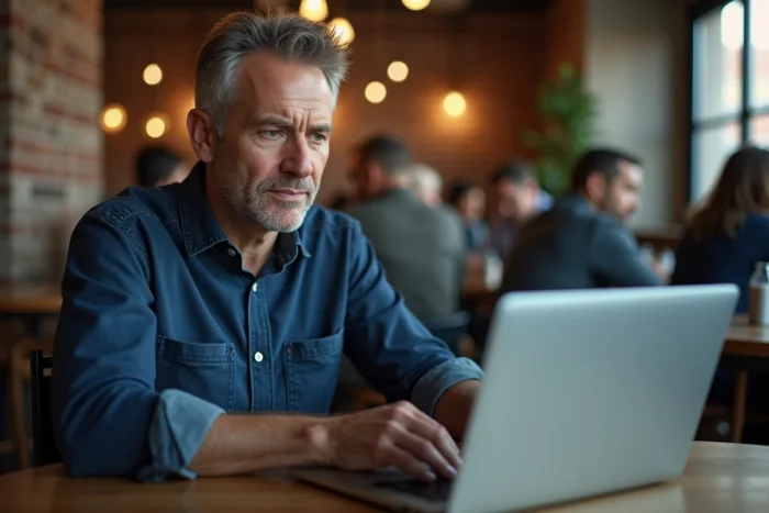 Homme scrutant un profil Facebook sur ordinateur portable dans un café urbain