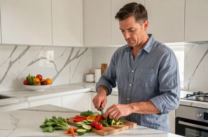 Homme préparant un repas sain et coloré dans une cuisine moderne pour adopter une alimentation équilibrée