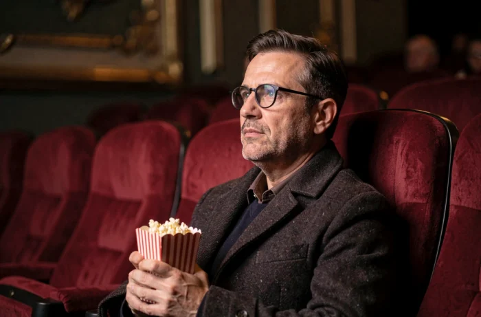 Homme concentré assis dans un fauteuil en velours rouge d'une salle de cinéma avec popcorn