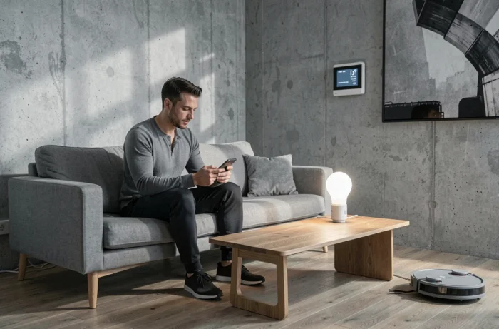 Homme gérant sa maison connectée depuis son smartphone dans un salon domotisé au design scandinave