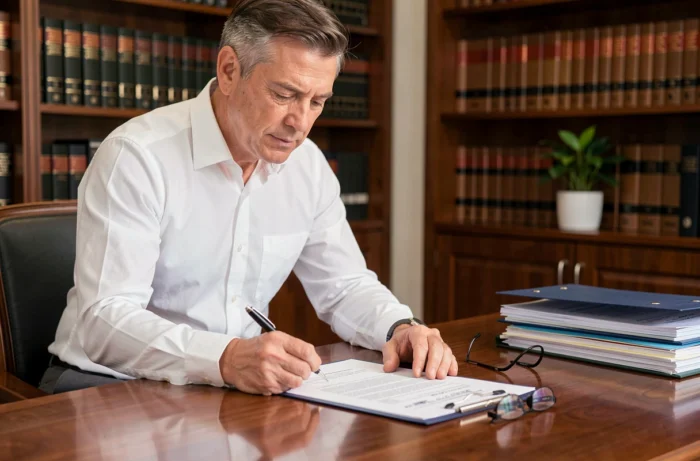 Homme signant un contrat d'achat immobilier chez un notaire avec des documents officiels sur la table