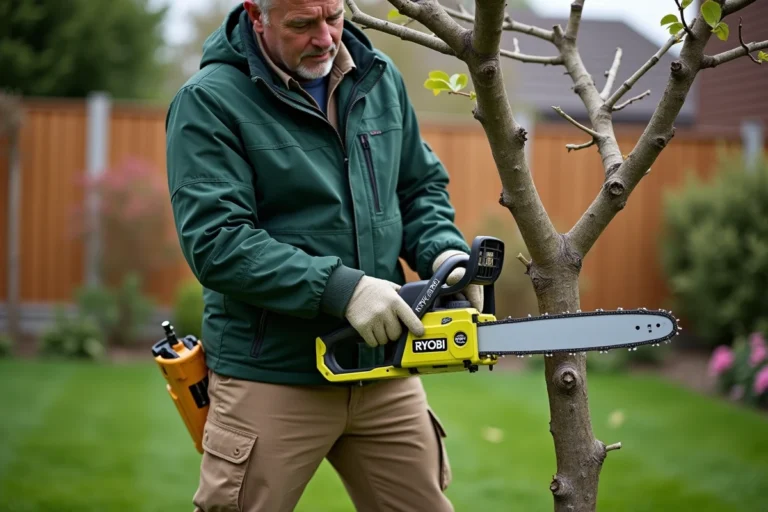 Homme utilisant une tronçonneuse Ryobi 18V OCS1830 pour élaguer une branche dans un jardin résidentiel
