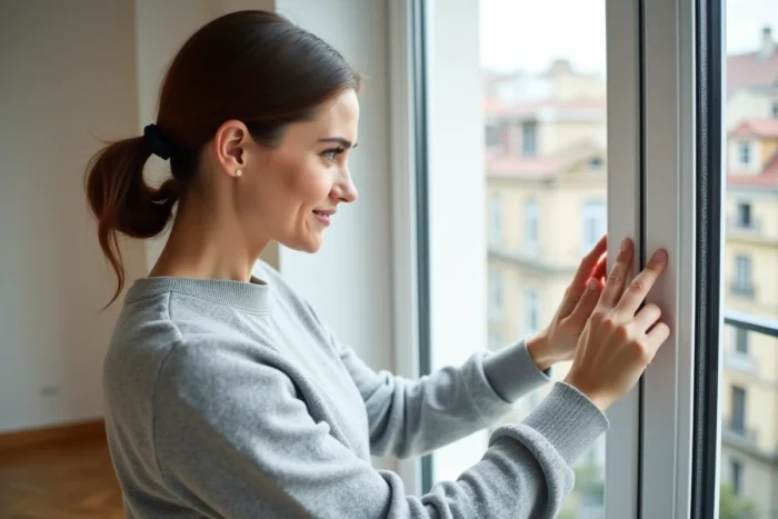 Femme inspectant le cadre d'un double vitrage dans un appartement rénové conforme à la réglementation thermique 2026