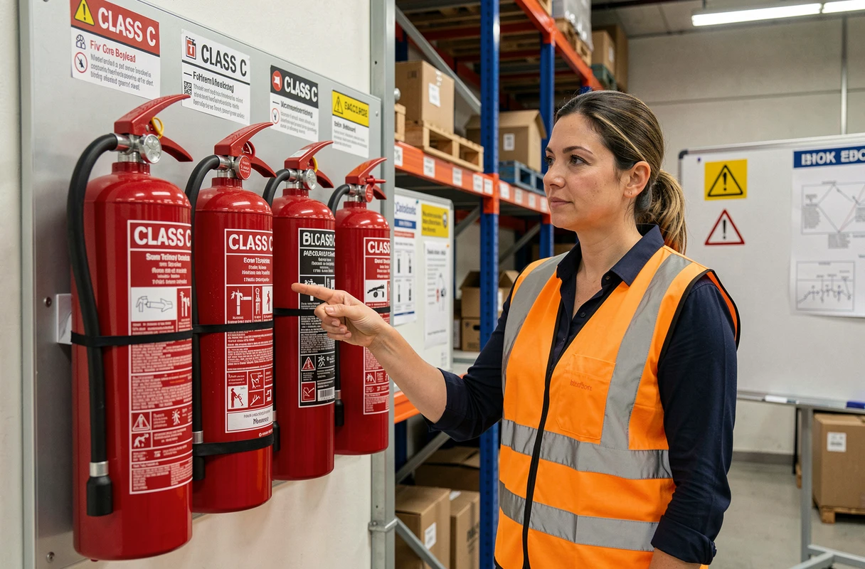 Inspectrice de sécurité présentant les différents types d'extincteurs pour feux de classe C sur gaz inflammables dans une salle de formation industrielle