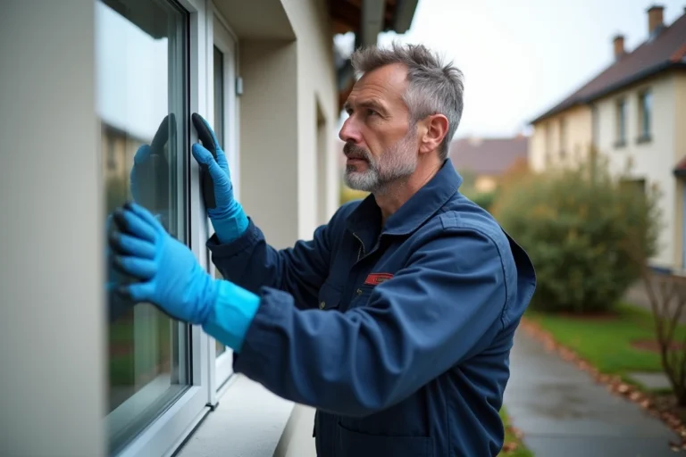 Vitrier professionnel installant un double vitrage sur une maison résidentielle en France lors d'une rénovation thermique