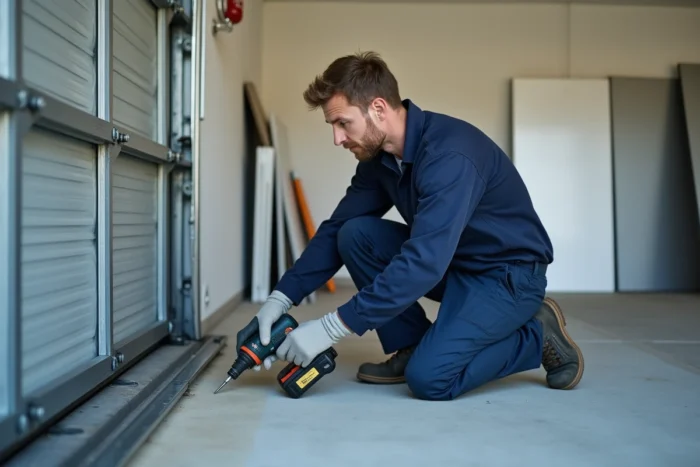 Technicien installant le rail d'une porte de garage sectionnelle dans un garage résidentiel