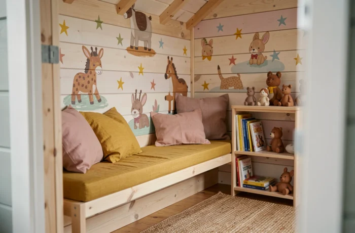 Intérieur décoré d'une maisonnette pour enfants avec murales peintes, coussins en lin et étagère en bois remplie de livres
