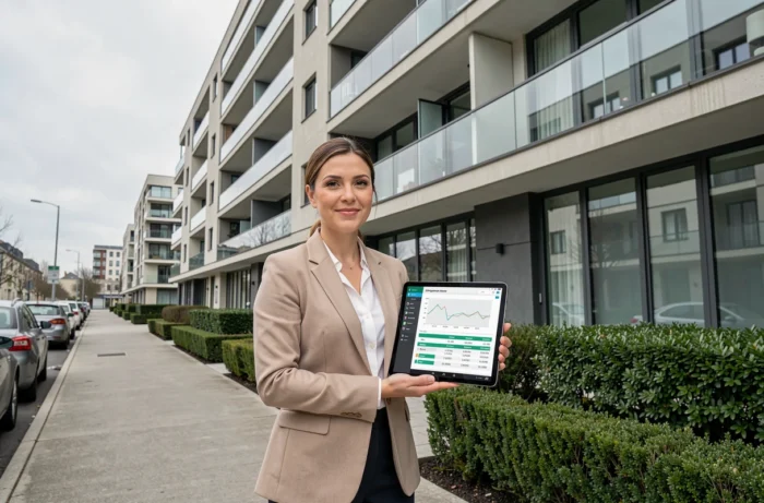Investisseuse immobilière consultant un rapport fiscal sur tablette devant un immeuble résidentiel moderne en milieu urbain