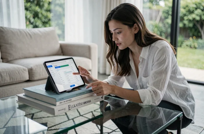 Jeune femme consultant l'arborescence d'un site web sur une tablette dans un salon minimaliste