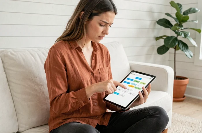 Jeune femme consultant un plan de site internet sur une tablette depuis son canapé dans un salon scandinave