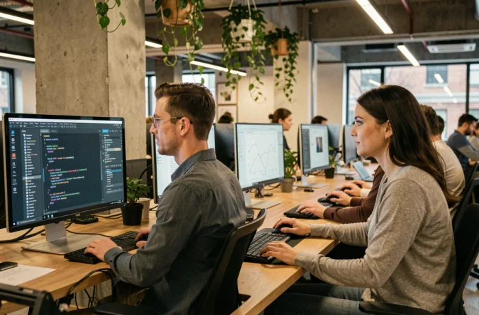 Deux jeunes professionnels travaillant sur des ordinateurs dans un espace de coworking moderne