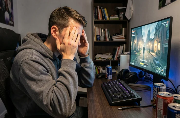 Jeune homme épuisé se frottant les yeux devant son écran de jeux vidéo tard dans la nuit, illustrant les troubles du sommeil liés au gaming