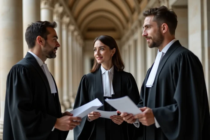 Juristes en robe devant une cour d'appel française discutant des enjeux juridiques de l'arrêt Perdereau dans un couloir de palais de justice
