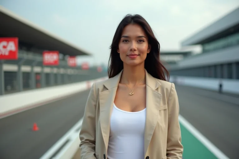 Femme élégante dans un paddock de course automobile, compagne d'un pilote de rallye célèbre
