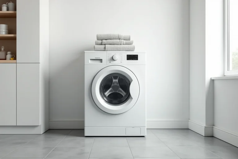 Lave-linge blanc à hublot Valberg dans une buanderie moderne et épurée avec carrelage gris clair