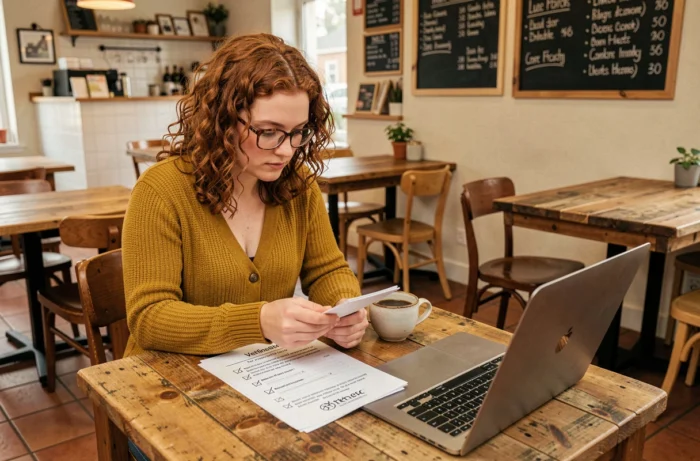 Jeune femme consultant une liste de vérification pour identifier l'adresse officielle d'un site web dans un café
